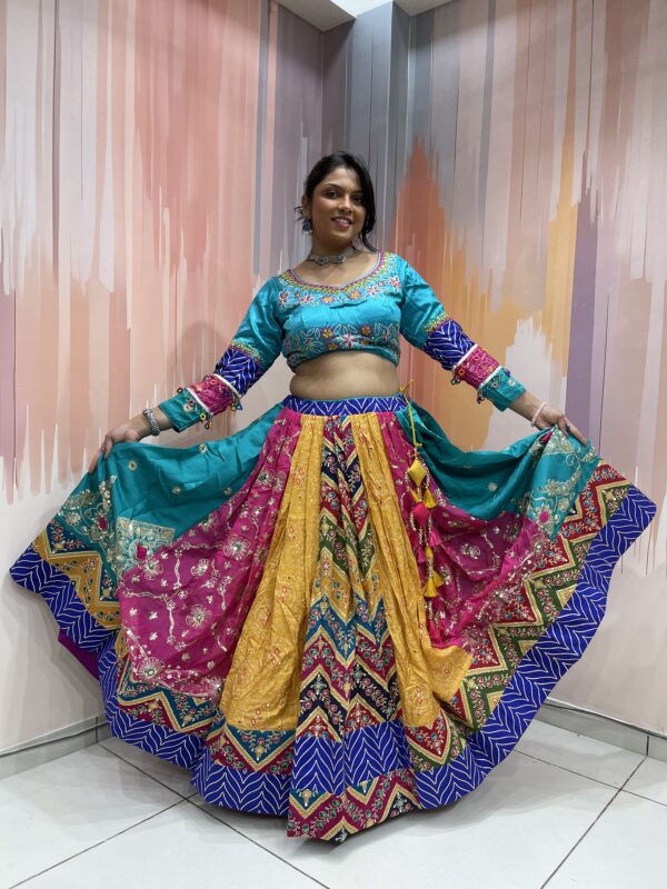 Multicolor Patchwork Chaniya Choli for Navratri 2025 – Hand Embroidered Traditional Lehenga Set with Mustard Dupatta and Mirror Work - Image 7