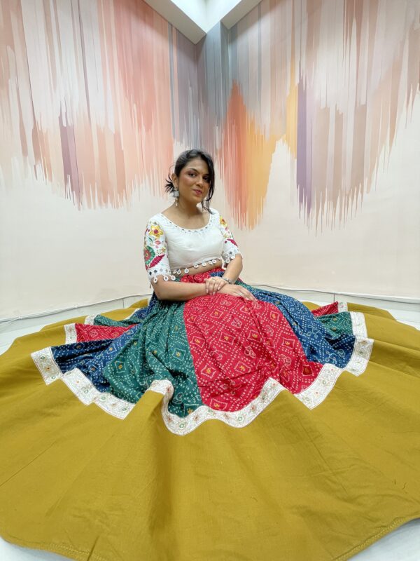 Multicolor Bandhani Patchwork Chaniya Choli with White Embroidered Blouse – Meera’s Lehenga - Image 2
