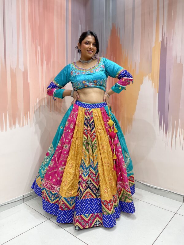 Multicolor Patchwork Chaniya Choli for Navratri 2025 – Hand Embroidered Traditional Lehenga Set with Mustard Dupatta and Mirror Work - Image 8