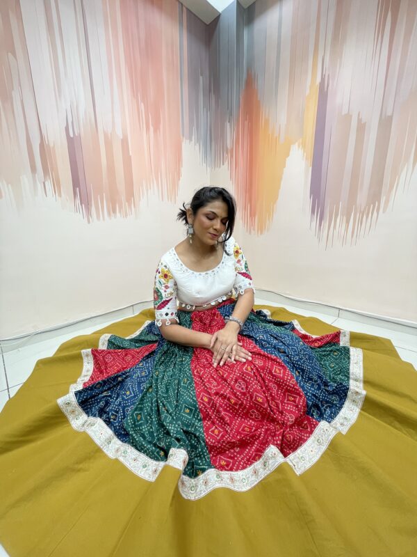 Multicolor Bandhani Patchwork Chaniya Choli with White Embroidered Blouse – Meera’s Lehenga - Image 9