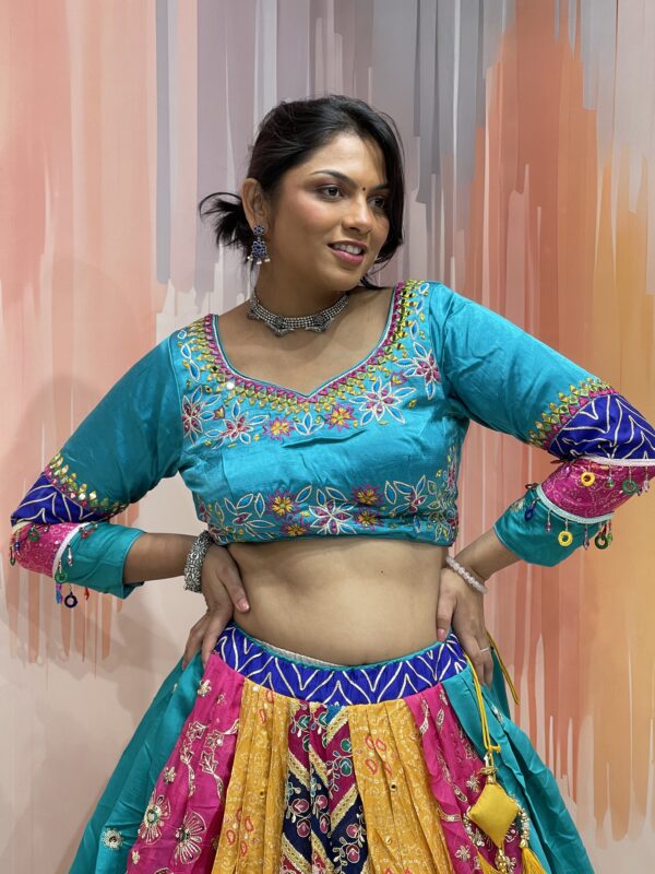 Multicolor Patchwork Chaniya Choli for Navratri 2025 – Hand Embroidered Traditional Lehenga Set with Mustard Dupatta and Mirror Work - Image 9