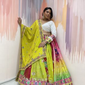 Rainbow Panelled Mirror Work Chaniya Choli with White Embroidered Blouse – Meera’s Lehenga