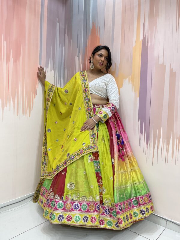 Rainbow Panelled Mirror Work Chaniya Choli with White Embroidered Blouse – Meera’s Lehenga