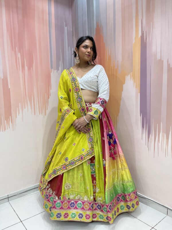 Rainbow Panelled Mirror Work Chaniya Choli with White Embroidered Blouse – Meera’s Lehenga - Image 2