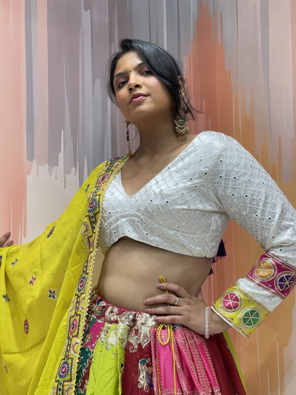 Rainbow Panelled Mirror Work Chaniya Choli with White Embroidered Blouse – Meera’s Lehenga - Image 3
