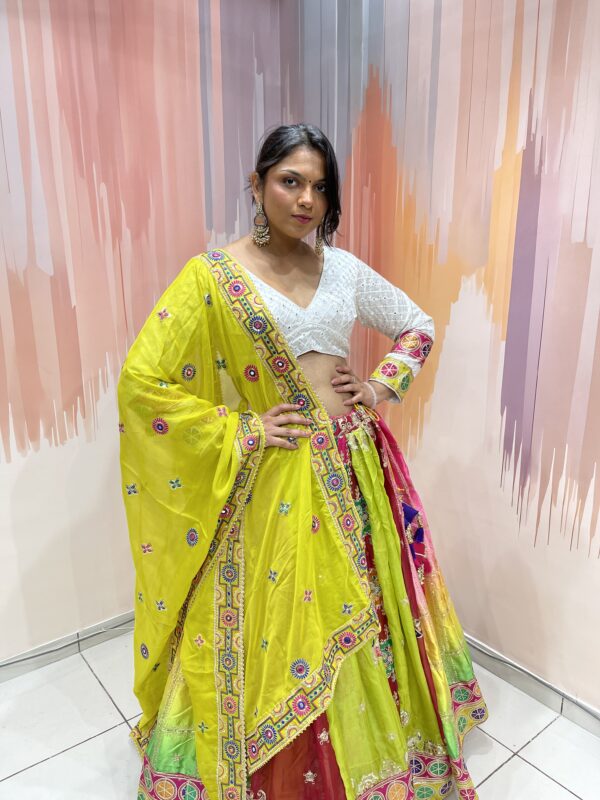 Rainbow Panelled Mirror Work Chaniya Choli with White Embroidered Blouse – Meera’s Lehenga - Image 4