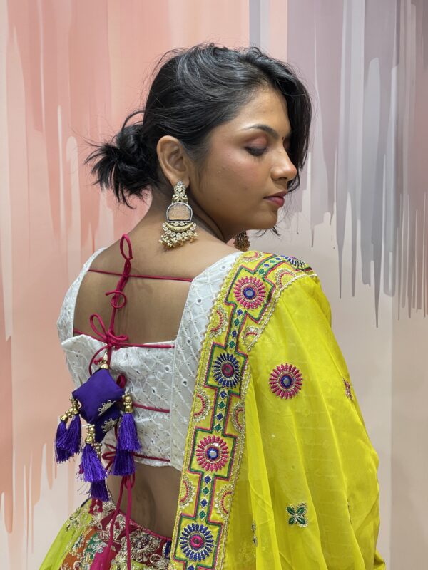 Rainbow Panelled Mirror Work Chaniya Choli with White Embroidered Blouse – Meera’s Lehenga - Image 6