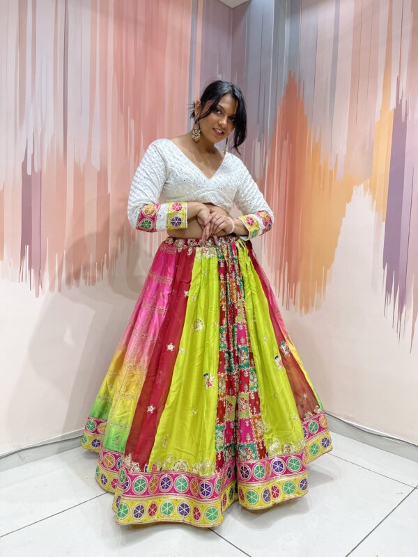 Rainbow Panelled Mirror Work Chaniya Choli with White Embroidered Blouse – Meera’s Lehenga - Image 7