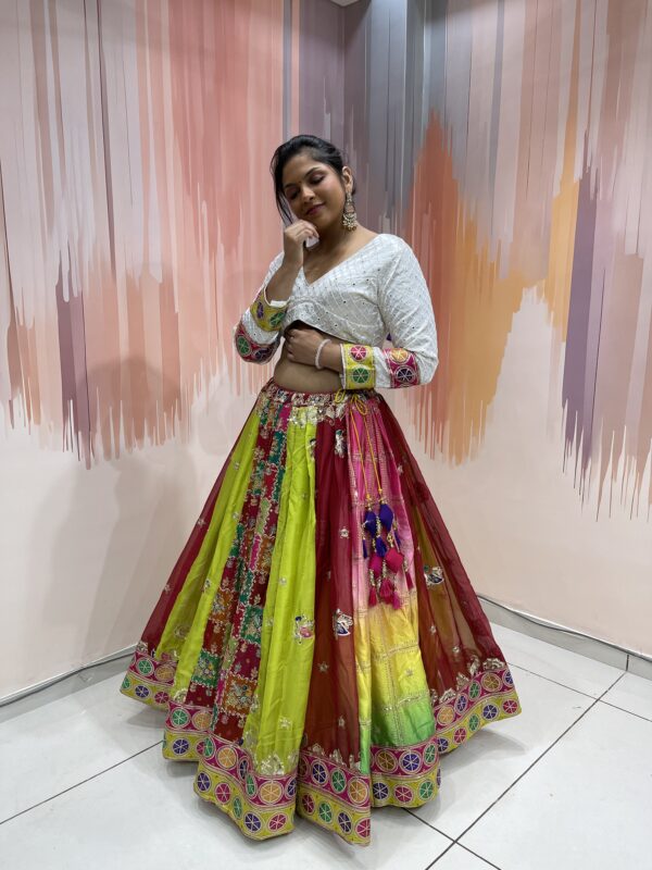 Rainbow Panelled Mirror Work Chaniya Choli with White Embroidered Blouse – Meera’s Lehenga - Image 8