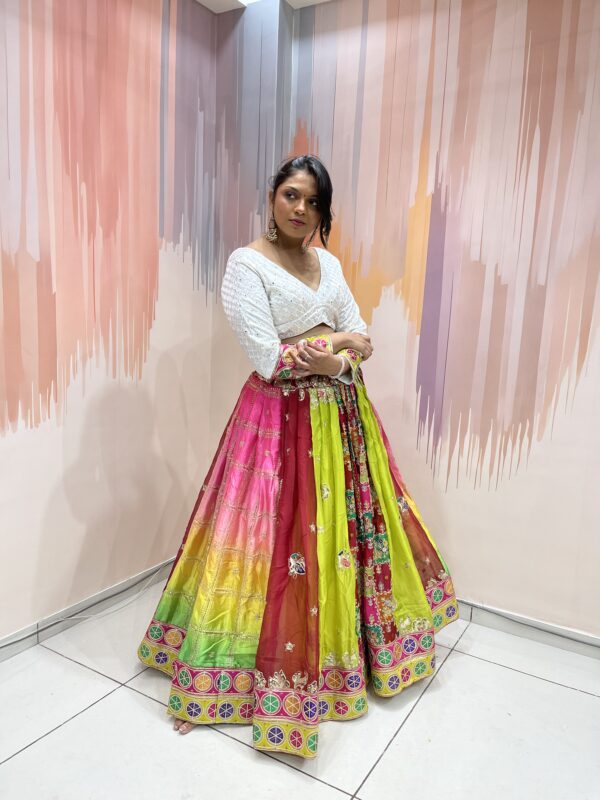 Rainbow Panelled Mirror Work Chaniya Choli with White Embroidered Blouse – Meera’s Lehenga - Image 9