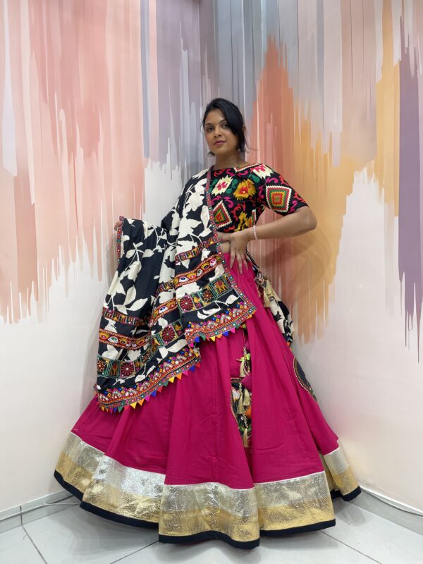 Vibrant Rajasthani Mirror Work Chaniya Choli with Multicolor Embroidered Blouse & Black White Bandhani Dupatta – Meera’s Lehenga - Image 2
