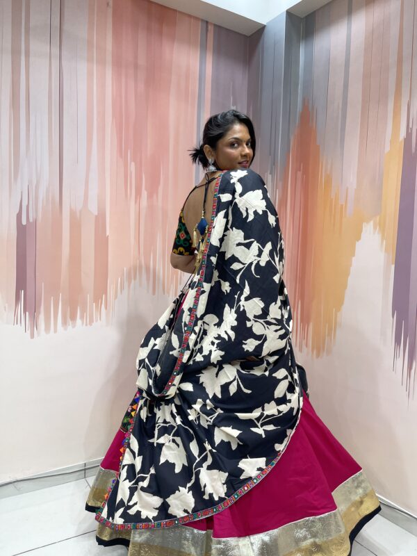 Vibrant Rajasthani Mirror Work Chaniya Choli with Multicolor Embroidered Blouse & Black White Bandhani Dupatta – Meera’s Lehenga - Image 3