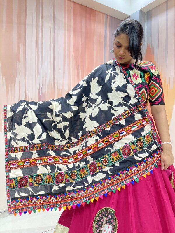 Vibrant Rajasthani Mirror Work Chaniya Choli with Multicolor Embroidered Blouse & Black White Bandhani Dupatta – Meera’s Lehenga - Image 5