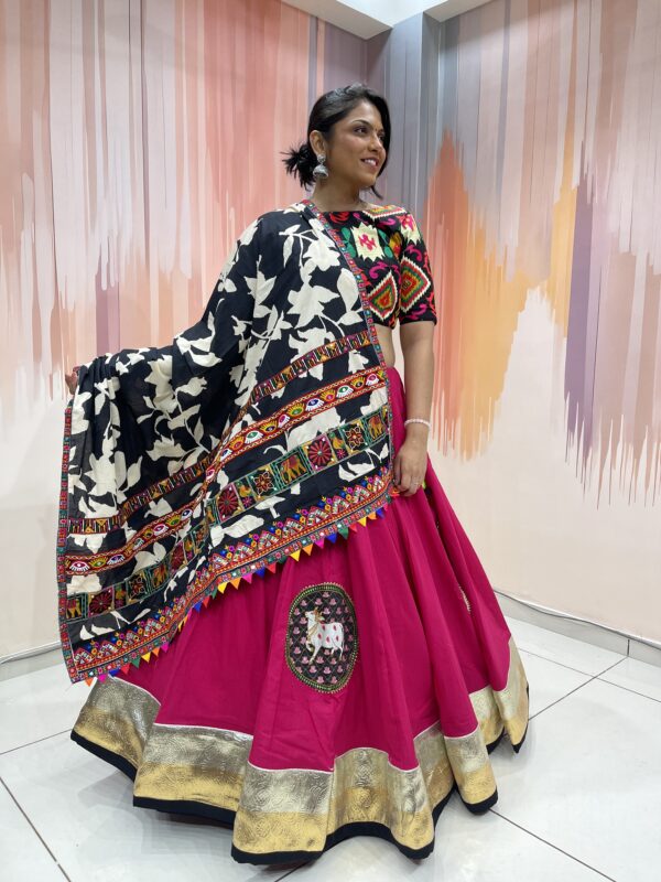 Vibrant Rajasthani Mirror Work Chaniya Choli with Multicolor Embroidered Blouse & Black White Bandhani Dupatta – Meera’s Lehenga - Image 6