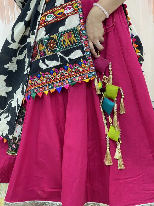 Vibrant Rajasthani Mirror Work Chaniya Choli with Multicolor Embroidered Blouse & Black White Bandhani Dupatta – Meera’s Lehenga - Image 7
