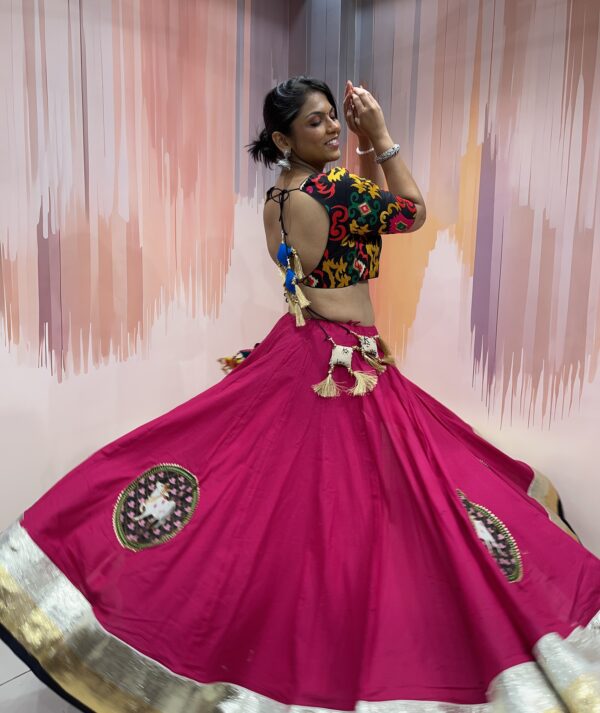 Vibrant Rajasthani Mirror Work Chaniya Choli with Multicolor Embroidered Blouse & Black White Bandhani Dupatta – Meera’s Lehenga - Image 9