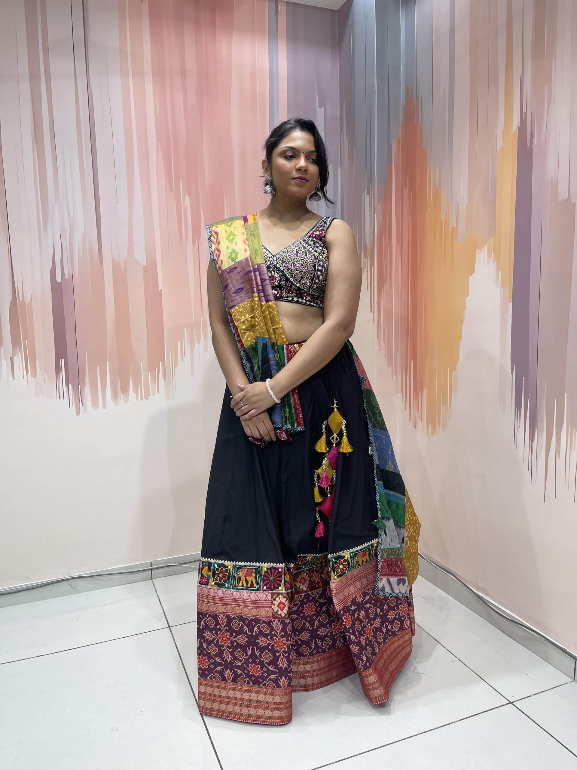 Elegant Black Chaniya Choli with Multicolor Patola Border & Mirror Work Blouse – Patchwork Dupatta – Meera’s Lehenga - Image 2