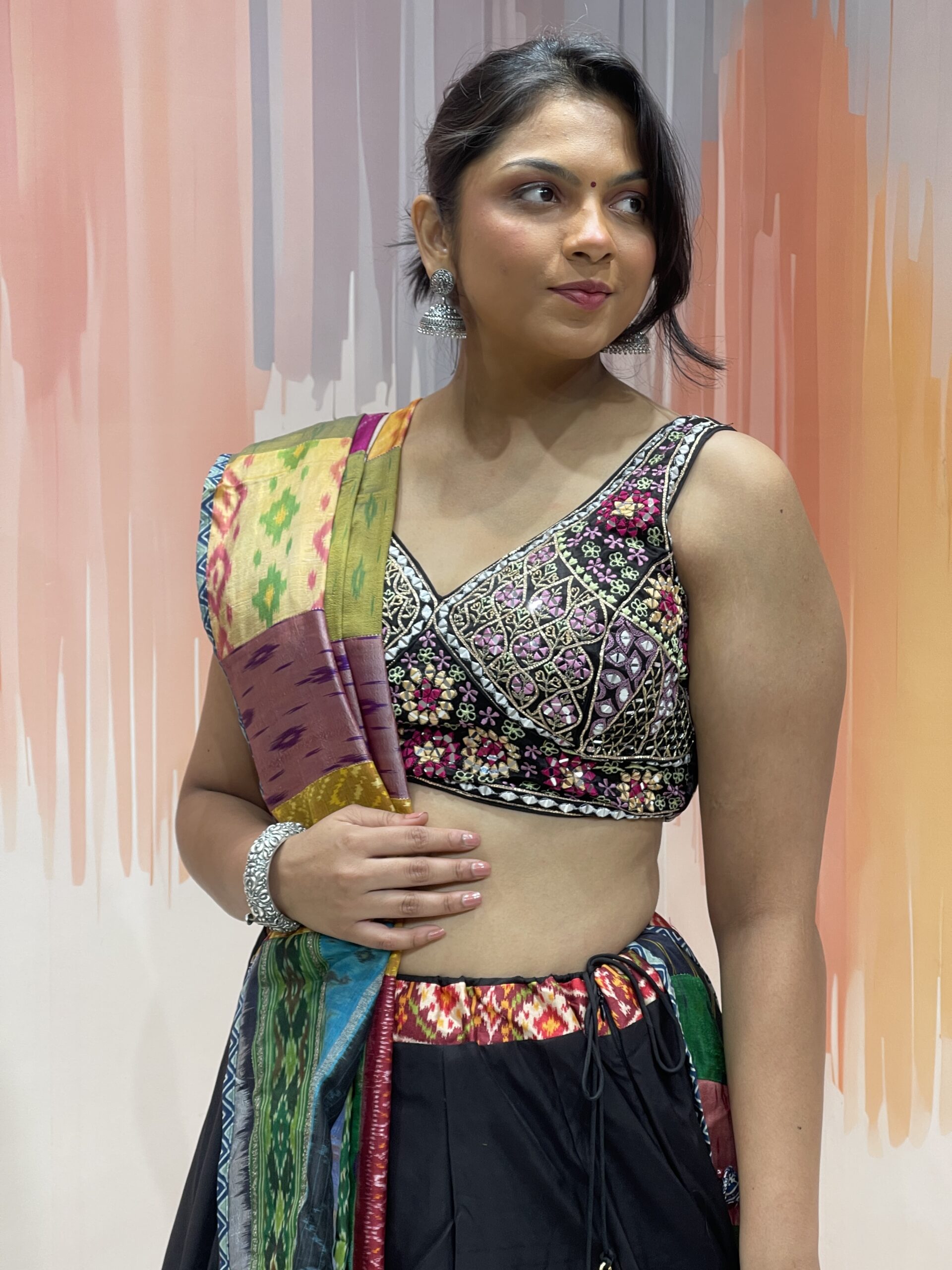 Elegant Black Chaniya Choli with Multicolor Patola Border & Mirror Work Blouse – Patchwork Dupatta – Meera’s Lehenga - Image 3