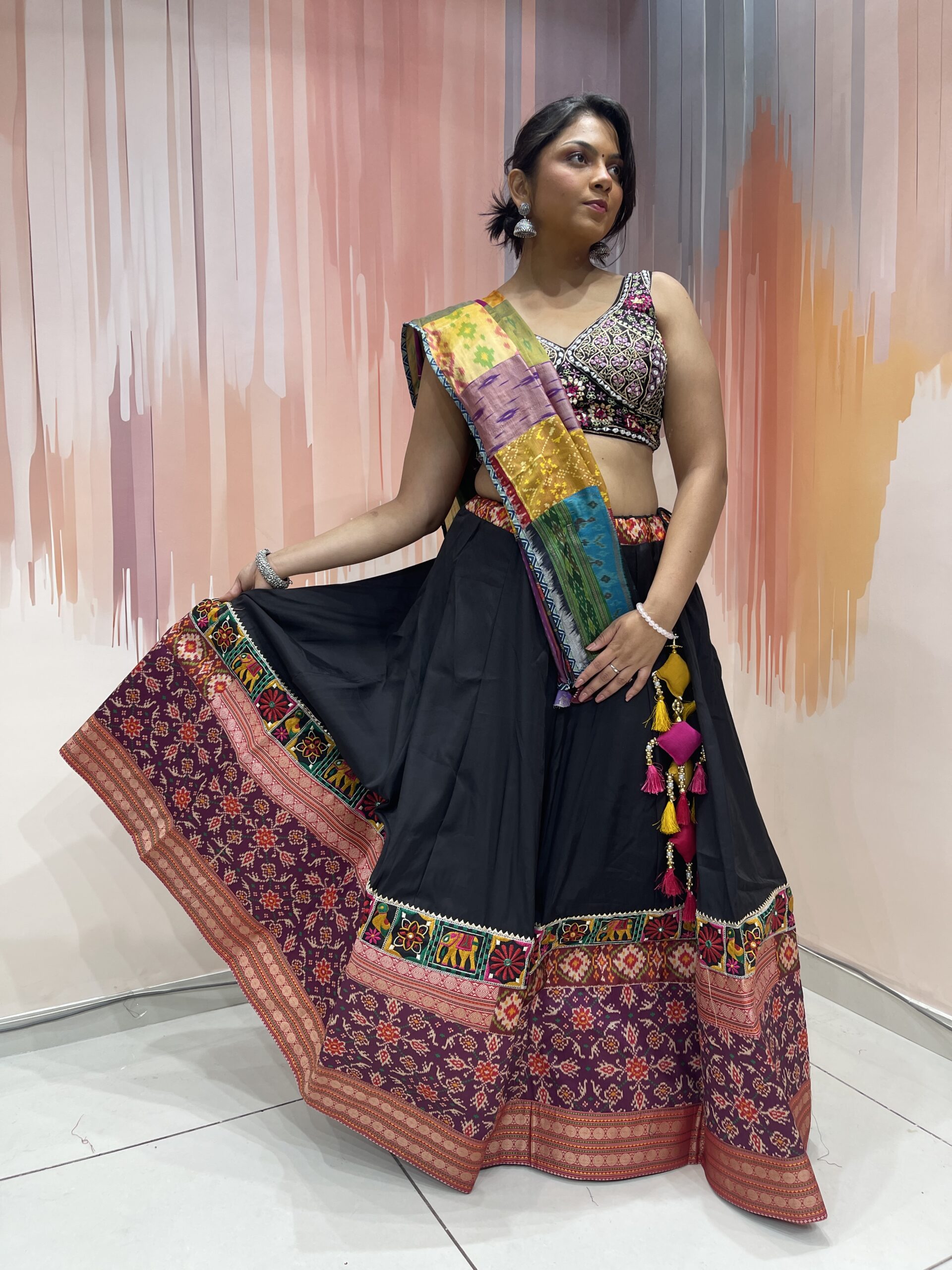 Elegant Black Chaniya Choli with Multicolor Patola Border & Mirror Work Blouse – Patchwork Dupatta – Meera’s Lehenga - Image 4