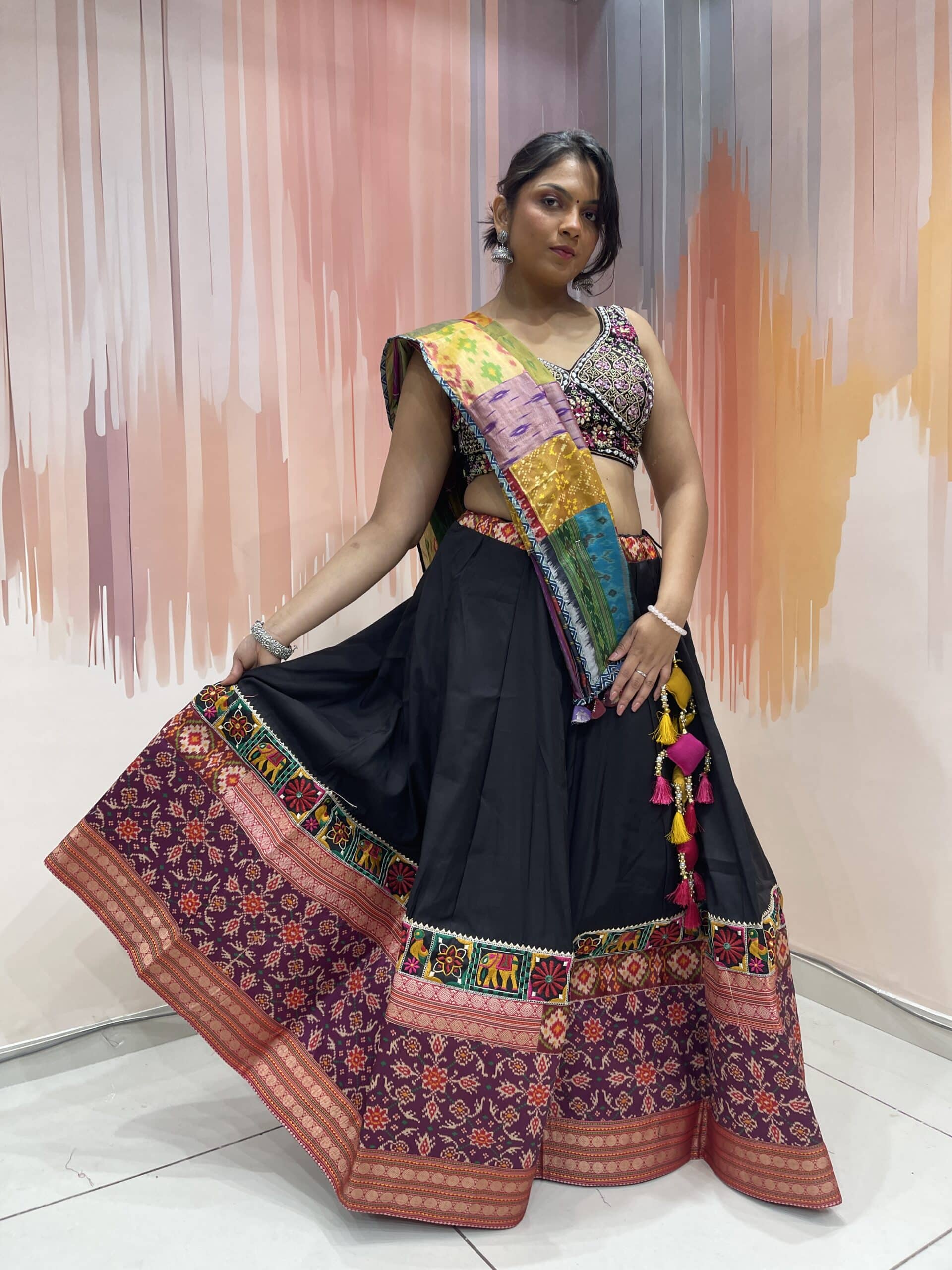 Elegant Black Chaniya Choli with Multicolor Patola Border & Mirror Work Blouse – Patchwork Dupatta – Meera’s Lehenga - Image 5
