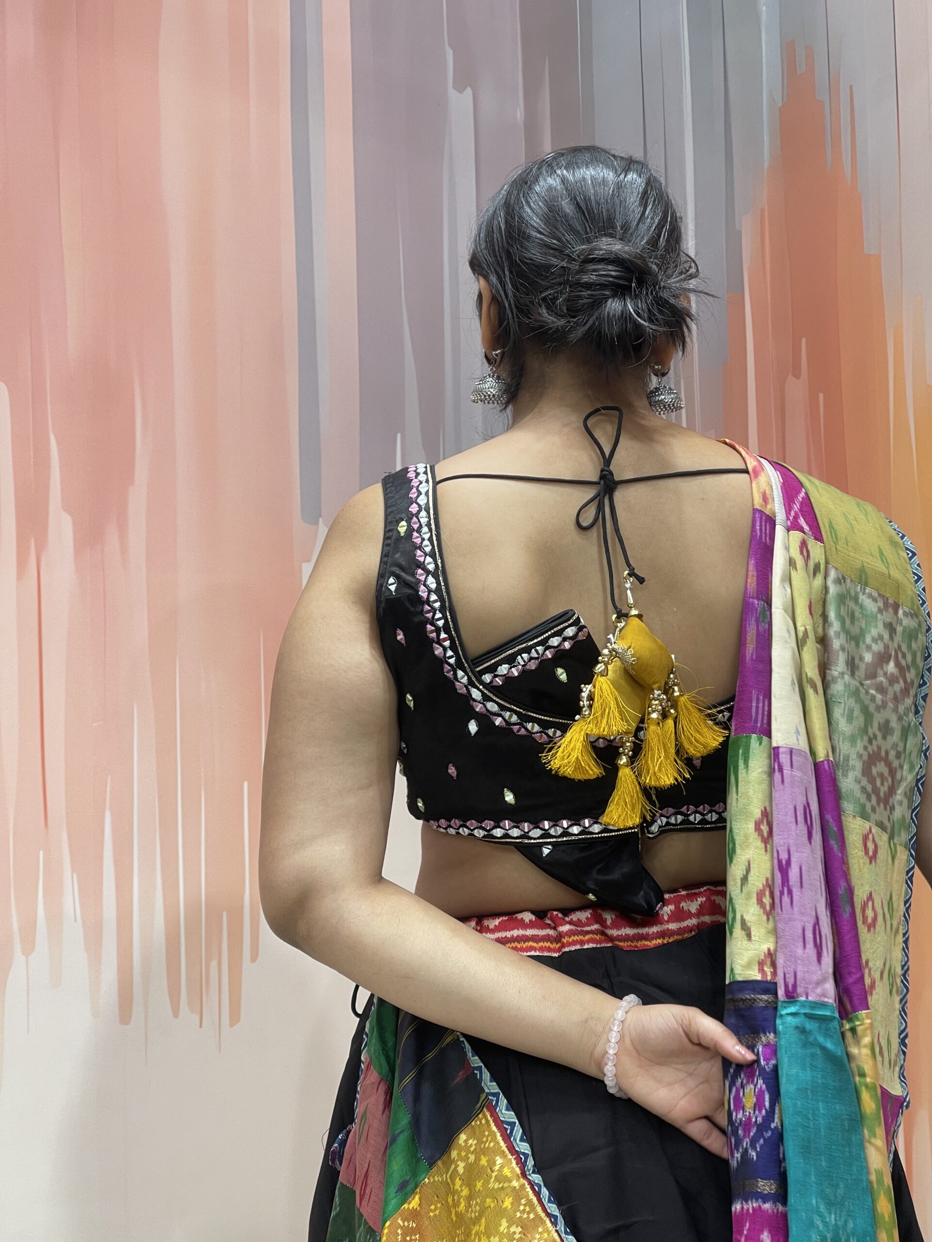 Elegant Black Chaniya Choli with Multicolor Patola Border & Mirror Work Blouse – Patchwork Dupatta – Meera’s Lehenga - Image 6