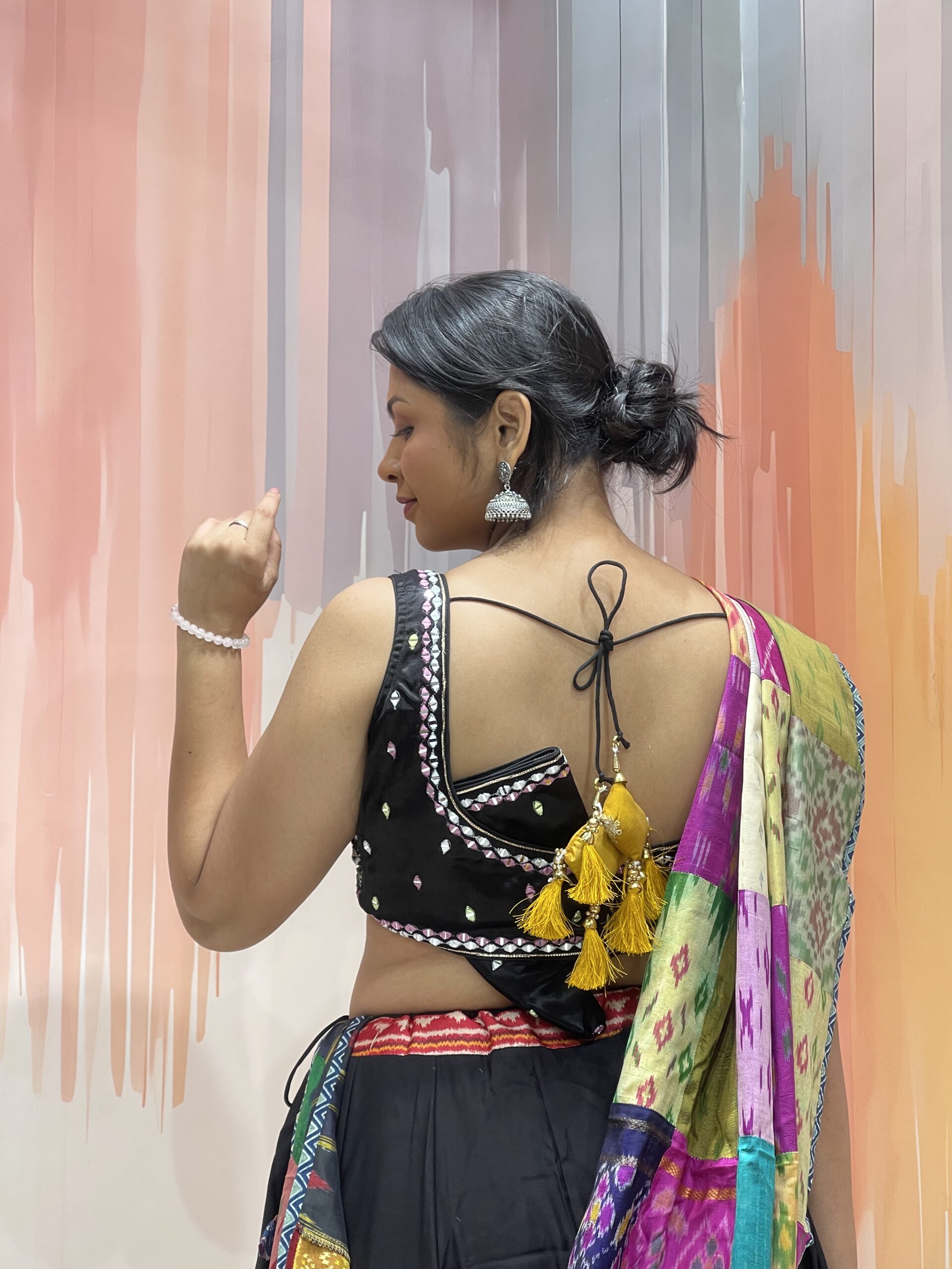 Elegant Black Chaniya Choli with Multicolor Patola Border & Mirror Work Blouse – Patchwork Dupatta – Meera’s Lehenga - Image 7