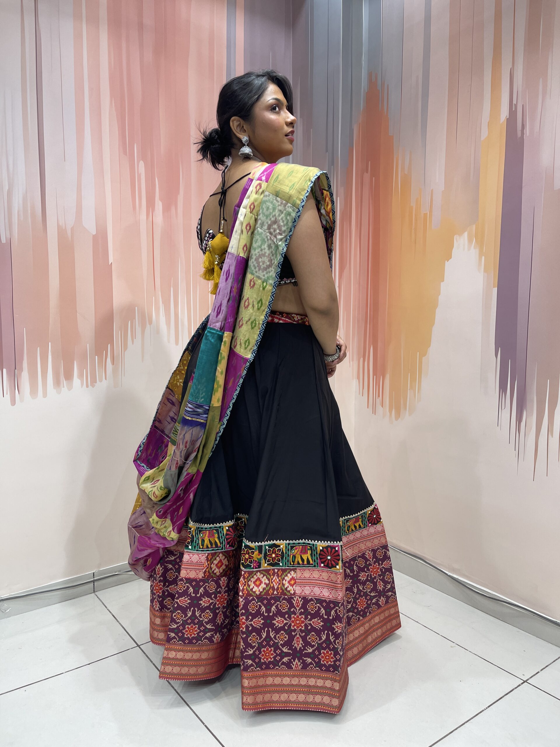 Elegant Black Chaniya Choli with Multicolor Patola Border & Mirror Work Blouse – Patchwork Dupatta – Meera’s Lehenga - Image 9