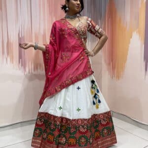 White Chaniya Choli with Multicolor Elephant Patola Border & Mirror Work Blouse – Pink Embroidered Dupatta – Meera’s Lehenga