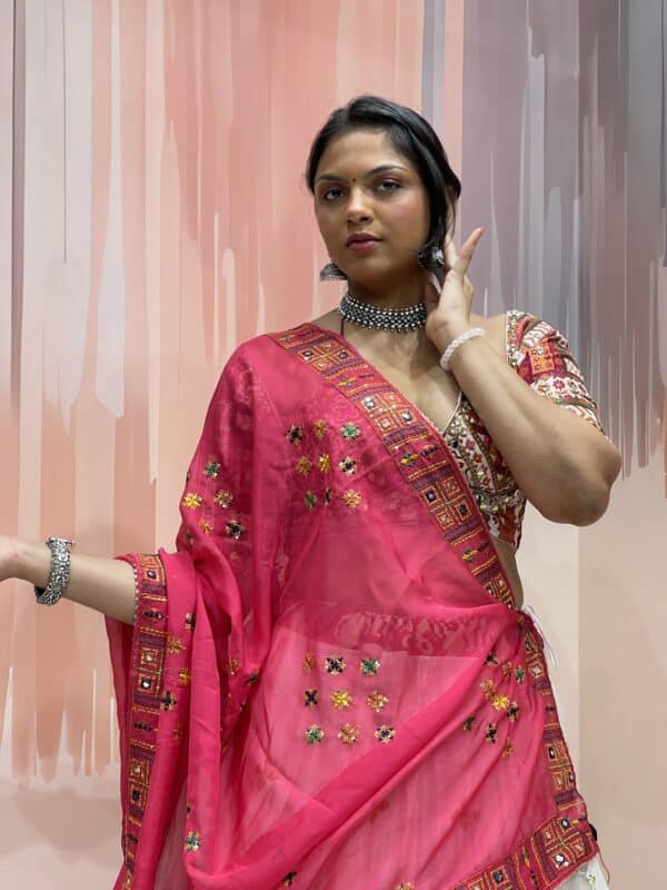 White Chaniya Choli with Multicolor Elephant Patola Border & Mirror Work Blouse – Pink Embroidered Dupatta – Meera’s Lehenga - Image 2