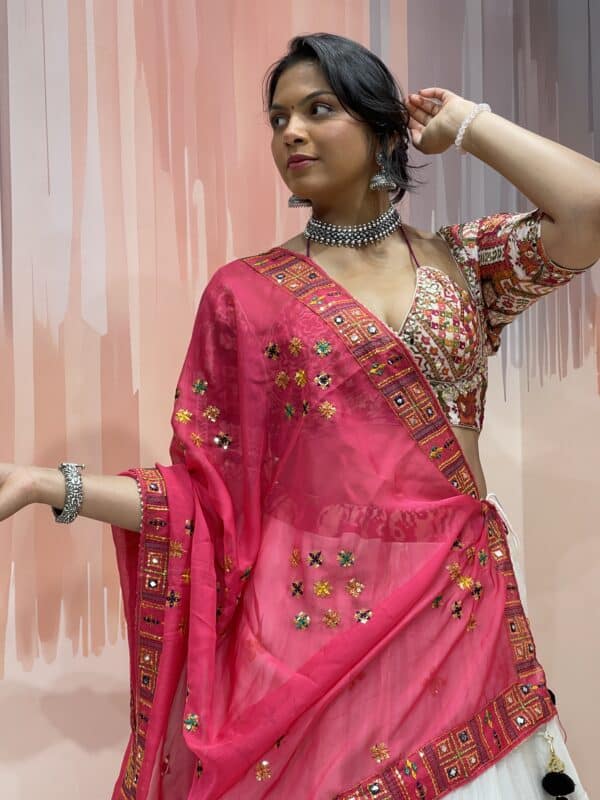 White Chaniya Choli with Multicolor Elephant Patola Border & Mirror Work Blouse – Pink Embroidered Dupatta – Meera’s Lehenga - Image 3