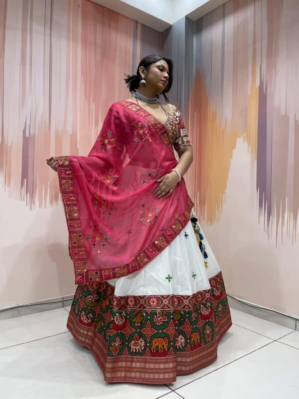 White Chaniya Choli with Multicolor Elephant Patola Border & Mirror Work Blouse – Pink Embroidered Dupatta – Meera’s Lehenga - Image 4