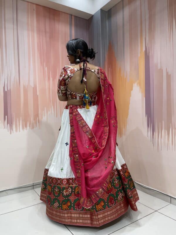 White Chaniya Choli with Multicolor Elephant Patola Border & Mirror Work Blouse – Pink Embroidered Dupatta – Meera’s Lehenga - Image 5