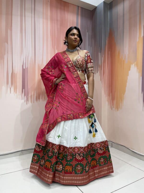 White Chaniya Choli with Multicolor Elephant Patola Border & Mirror Work Blouse – Pink Embroidered Dupatta – Meera’s Lehenga - Image 7