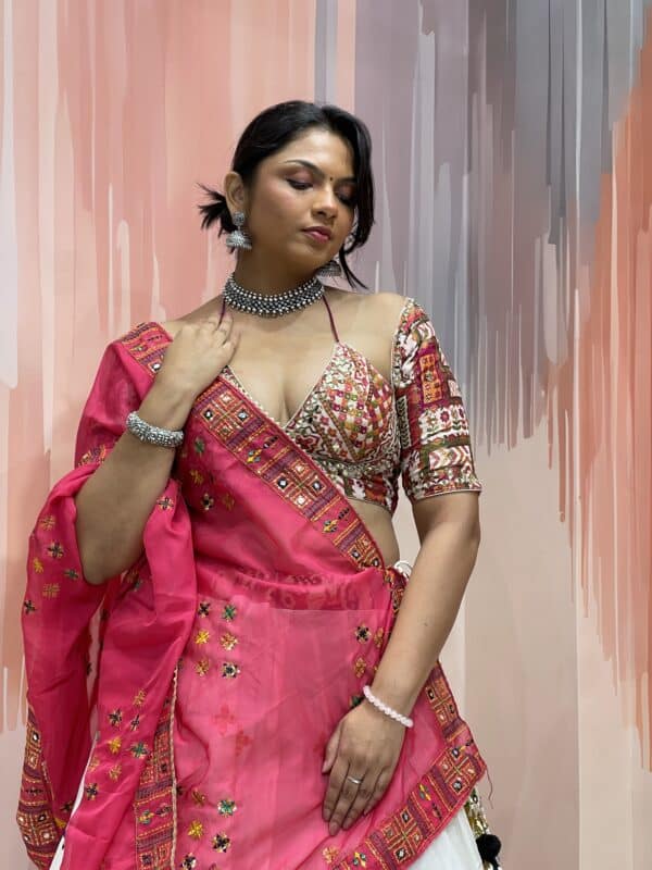 White Chaniya Choli with Multicolor Elephant Patola Border & Mirror Work Blouse – Pink Embroidered Dupatta – Meera’s Lehenga - Image 8