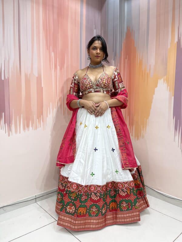 White Chaniya Choli with Multicolor Elephant Patola Border & Mirror Work Blouse – Pink Embroidered Dupatta – Meera’s Lehenga - Image 9
