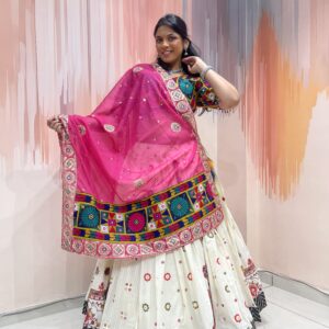 Ivory Embroidered Chaniya Choli with Traditional Kutch Work Blouse & Pink Net Dupatta – Meera’s Lehenga