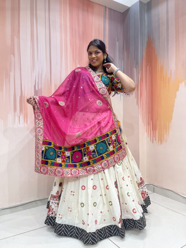 Ivory Embroidered Chaniya Choli with Traditional Kutch Work Blouse & Pink Net Dupatta – Meera’s Lehenga