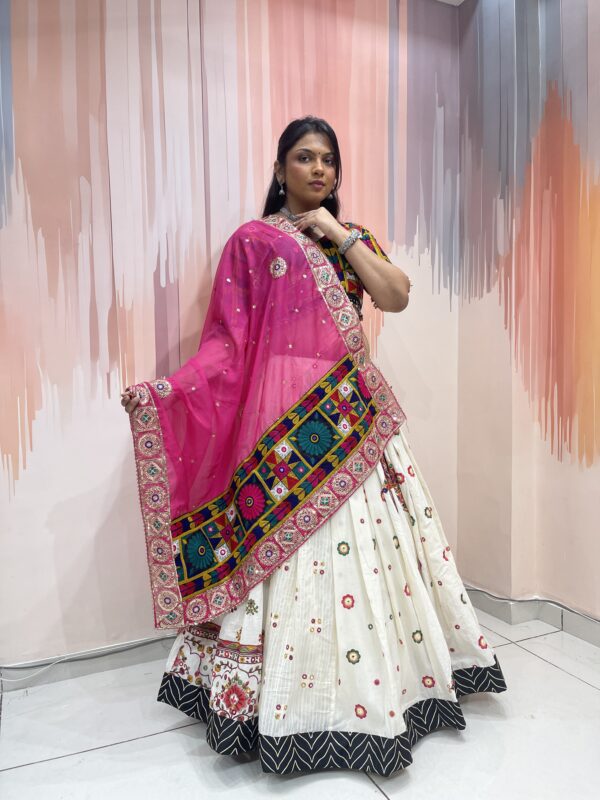 Ivory Embroidered Chaniya Choli with Traditional Kutch Work Blouse & Pink Net Dupatta – Meera’s Lehenga - Image 2