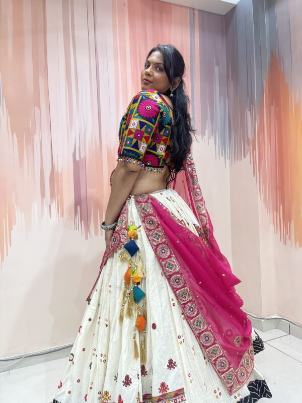 Ivory Embroidered Chaniya Choli with Traditional Kutch Work Blouse & Pink Net Dupatta – Meera’s Lehenga - Image 4
