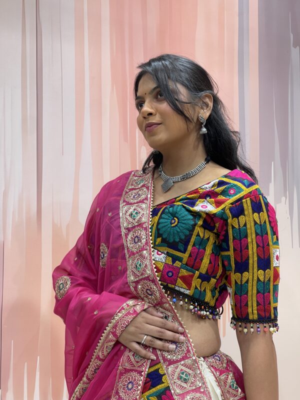 Ivory Embroidered Chaniya Choli with Traditional Kutch Work Blouse & Pink Net Dupatta – Meera’s Lehenga - Image 5