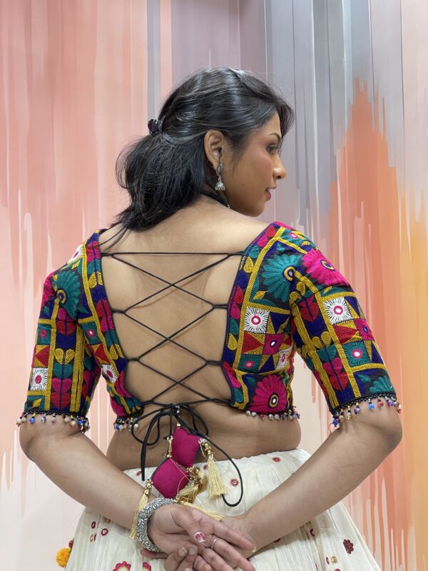Ivory Embroidered Chaniya Choli with Traditional Kutch Work Blouse & Pink Net Dupatta – Meera’s Lehenga - Image 6