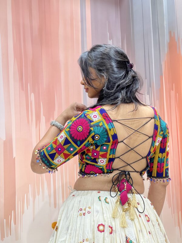 Ivory Embroidered Chaniya Choli with Traditional Kutch Work Blouse & Pink Net Dupatta – Meera’s Lehenga - Image 7
