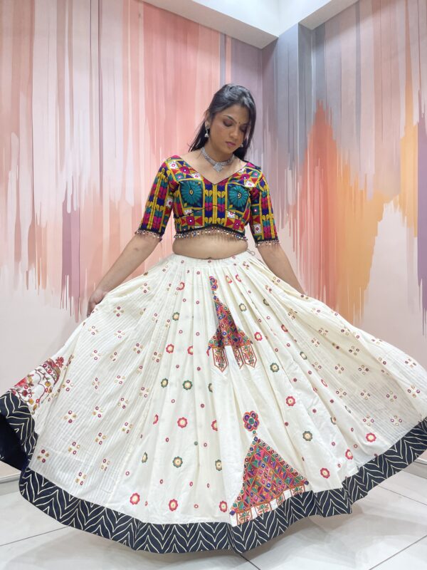 Ivory Embroidered Chaniya Choli with Traditional Kutch Work Blouse & Pink Net Dupatta – Meera’s Lehenga - Image 8