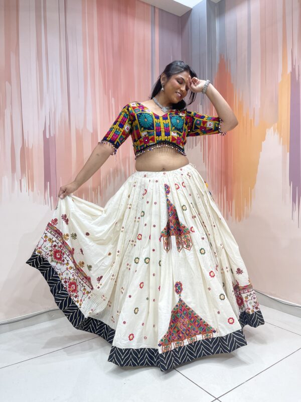Ivory Embroidered Chaniya Choli with Traditional Kutch Work Blouse & Pink Net Dupatta – Meera’s Lehenga - Image 9