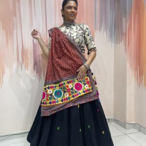 Black Mirror Work Chaniya Choli with Abstract Art Blouse & Maroon Ajrakh Dupatta – Meera’s Lehenga