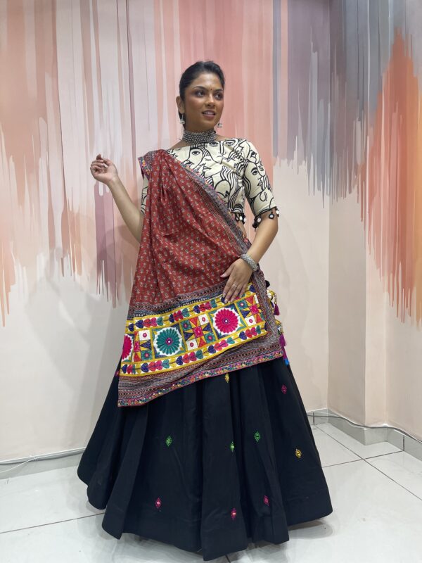 Black Mirror Work Chaniya Choli with Abstract Art Blouse & Maroon Ajrakh Dupatta – Meera’s Lehenga