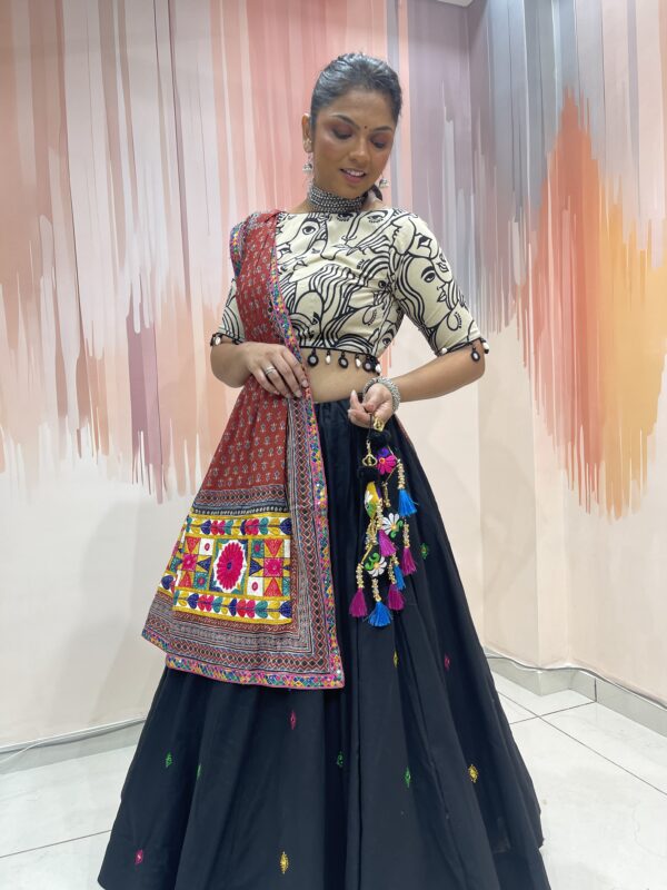 Black Mirror Work Chaniya Choli with Abstract Art Blouse & Maroon Ajrakh Dupatta – Meera’s Lehenga - Image 5