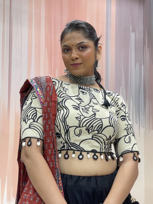 Black Mirror Work Chaniya Choli with Abstract Art Blouse & Maroon Ajrakh Dupatta – Meera’s Lehenga - Image 8