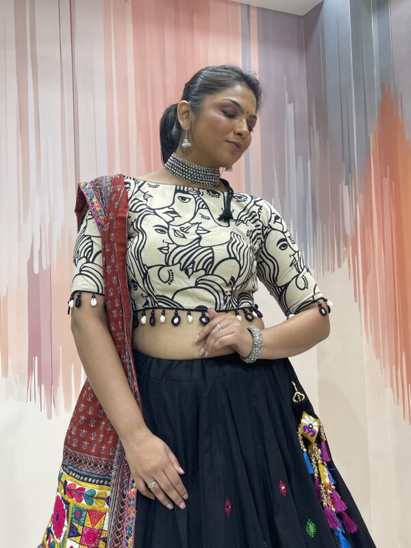 Black Mirror Work Chaniya Choli with Abstract Art Blouse & Maroon Ajrakh Dupatta – Meera’s Lehenga - Image 9