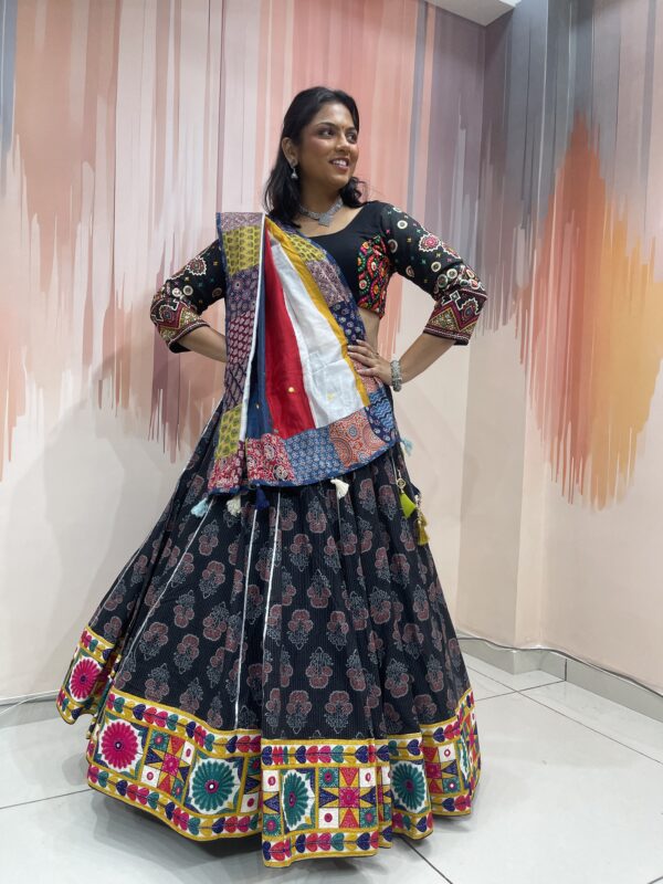 Black Embroidered Chaniya Choli with Multicolor Patchwork Dupatta - Image 3